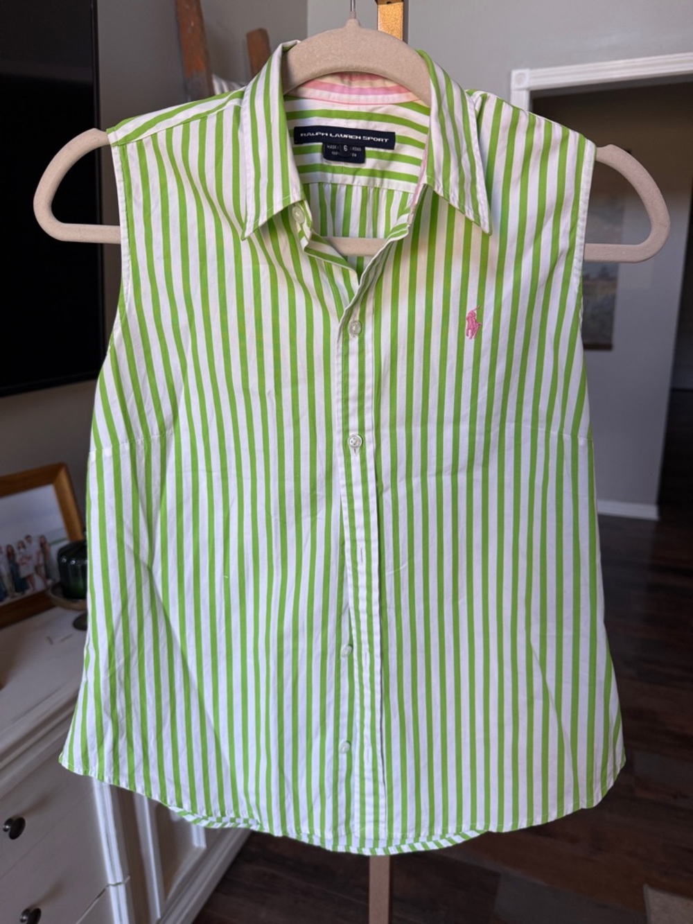 Ralph Lauren Green & White Striped Sleeveless Polo Button-Up